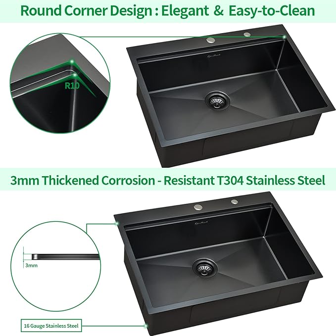 Drop-in Kitchen Sink - Single Bowl Workstation with Cutting Board, 30 x 22 x 10, Gunmetal Black, 16 Gauge Stainless Steel