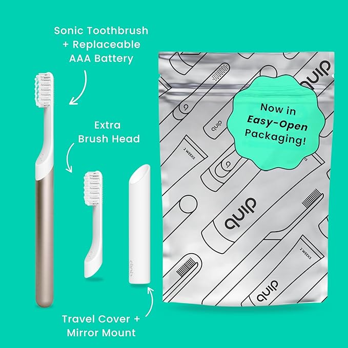 Quip Metal Sonic Toothbrush, Electric Toothbrush for Adults –Time Travel & Soft Bristles with Travel Case & Replaceable Brush Head -3-Month Battery Life - Dawn Peach Gold