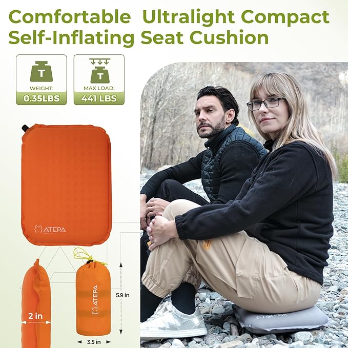 ATEPA Inflatable Stadium Seat Cushion, Self-Inflating Memory Foam Stadium Seats Bleacher Seat Chair Cushion Pad for Airplane Travel Backpacking Sports Events