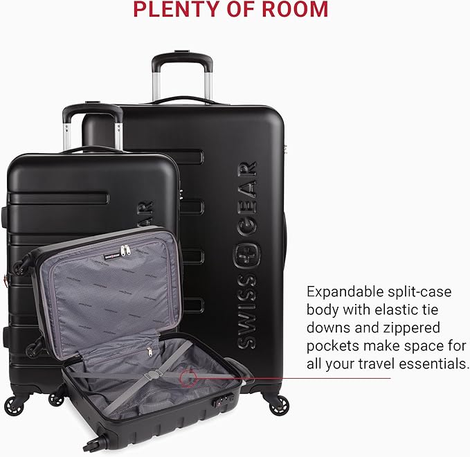 SwissGear 7366 Hardside Expandable Luggage with Spinner Wheels, Black, 3-Piece Set (19/23/27)