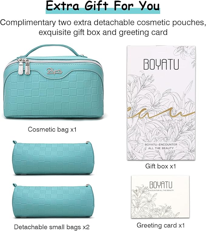 BOYATU Travel Makeup Bag Organizer Cosmetic Bag: 3 Pcs Set Make up Bags for Women with Handle - Waterproof Vegan Leather Toiletry Bags with Comparments (C-03-Blue)