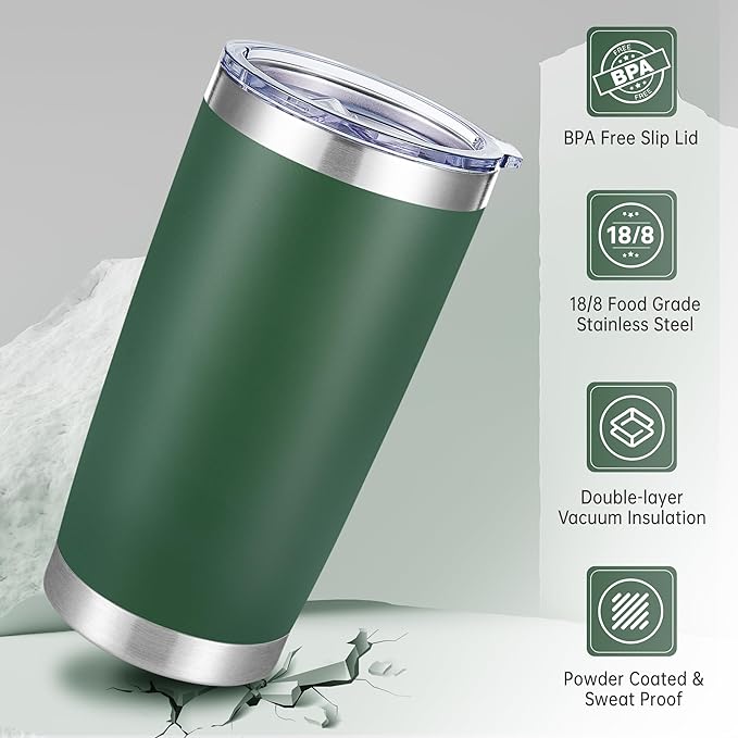 20 oz Tumbler Stainless Steel Tumblers with Lid Double Wall Vacuum Insulated Coffee Mug 20oz Powder Coated Cup for Hot and Cold Drinks, Dark Green, 1 pack