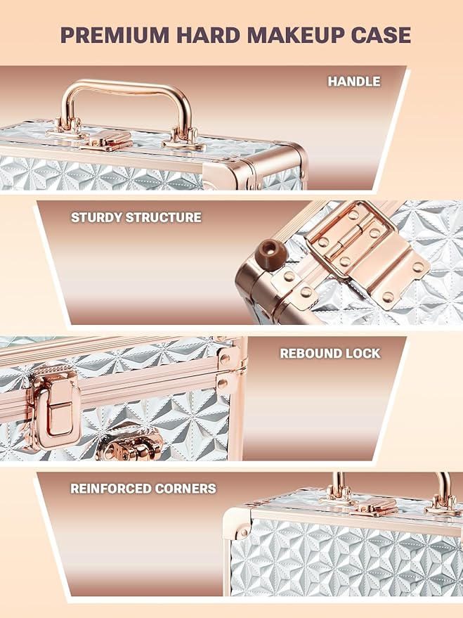 Qislee Makeup Box with A Detachable Lighted Mirror, Waterproof Travel Train Case, Cosmetic Organizer and Makeup Suitcase with Adjustable Dividers, Magnetic LED Mirror(Sparkling Silver)