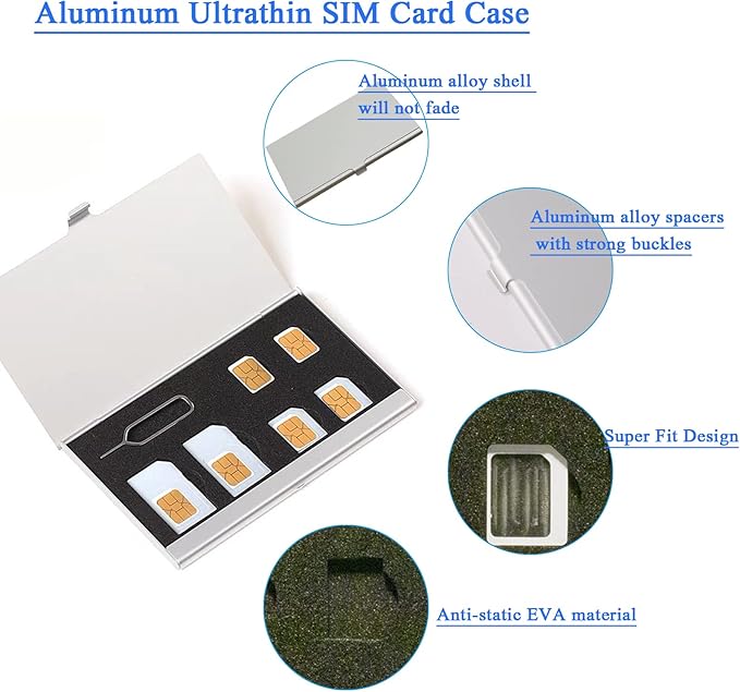 Aluminum SIM Card Case, 6Slots Ultrathin SIM Card Holder with SIM Card Adapter Kit for Travelers or Holiday Trip (6SIM+Silver)