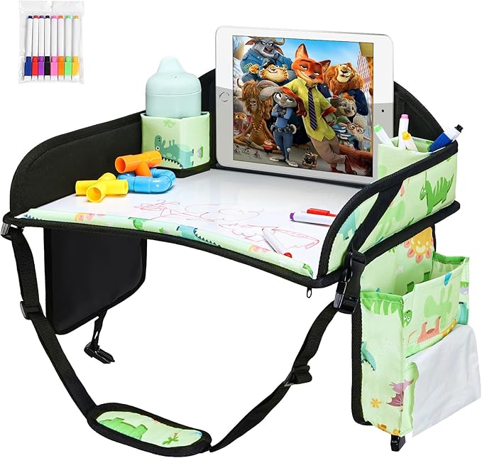 Kids Travel Tray, 3PCS Car Seat Tray for kids Travel, Toddler Road Trip Essentials With Drawing Kit, Toddler Lap Desk Organizer for Car, Carseat Table for Airplane