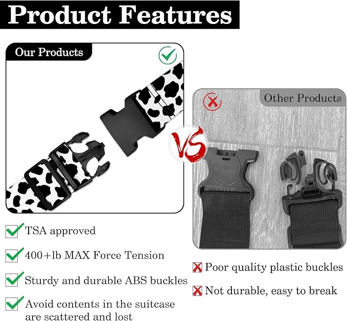 Cow Print Luggage Straps for Suitcases TSA Approved, Luggage Identifiers for Suitcase, Adjustable Suitcase Strap for Baggage Security with Cute Patten, Travel Necessary Accessories