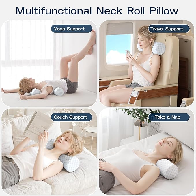 Neck Roll Pillow for Neck Pain Relief - Memory Foam Neck Support Pillow for Bed | Round Neck Pillow for Sleeping, 16 * 6.3 * 6.3inch (Cool-Blue)