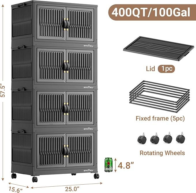 BROVIEW 400Qt Stackable Storage Bins with Lid, Extra Large Closet Organizer Collapsible Drawer Boxes with Wheels, Folding Plastic Cabinet Containers for Home Kitchen Room Organization, 4Pack Black