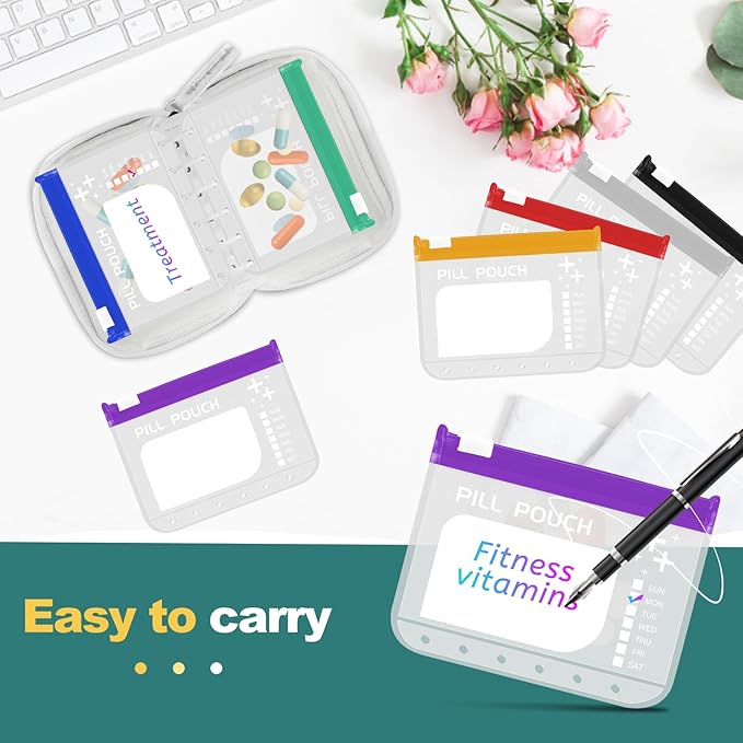 A7-L Water-Proof Pill Pouch Set， Large Pill Organizer, BPA Free, A7-L Pill Loose-Leaf Storage with Color-Coded Medicine Pouches, Reusable Travel Medicine Organizer， Zippered Pill Organizers Weekly