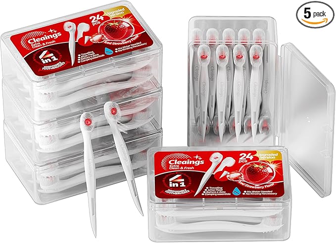 cleaings® Mini Disposable Toothbrush Set with Toothpaste – Travel Essentials, Portable Toothbrush for Women & Men, Camping, Road Trip, Vacation, 24 Count-Ice Strawberry Flavor（Pack of 5）