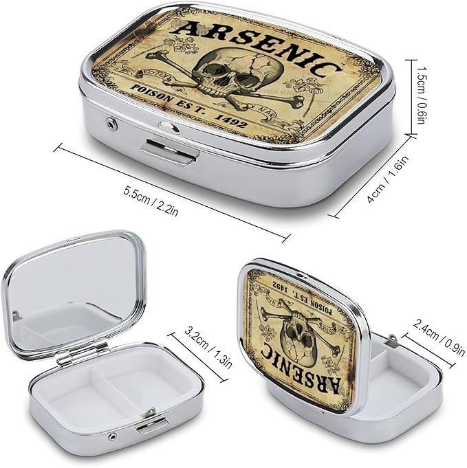 Metal 2 Compartment Pill Organizer Travel Friendly Portable Compact Pill Box Cute Pill Case to Hold Vitamins,Fish Oil,Supplements,Meds,Tablet for Purse,Pocket. (Vintage Skeleton)