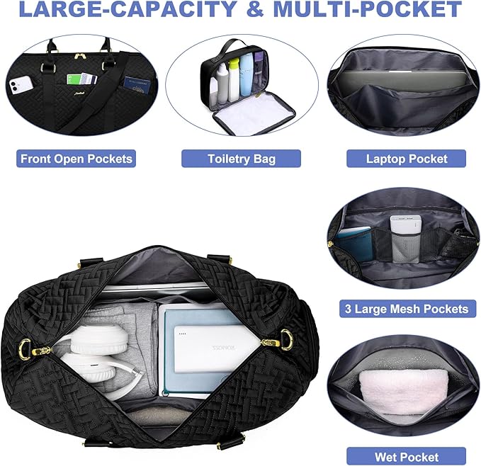 Women Duffle Weekender Travel Bag: Large Duffel Bags with Shoe Compartment Carry On Overnight Tote Bag with Wet Pocket Toiletry Bag Traveling Weekend Gym Yoga Hospital Bags for Labor & Delivery Black