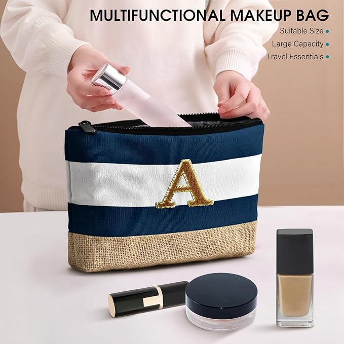 Becokan Beach Bag Initial Beach Tote with Makeup Bag for Travel Work Storage Personalized Birthday Gifts for Women Her