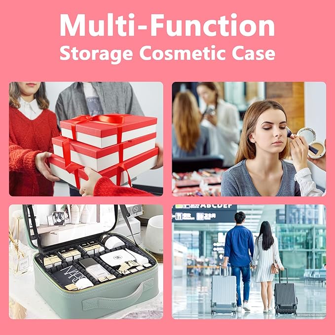 Travel Makeup Bag for Women and Makeup Artists Cosmetic Organizer Large Makeup Case,Travel Makeup Bag with Mirror 3 Color Setting,Portable Storage and Adjustable Dividers(light red)