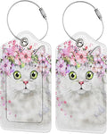 2 Pcs Cute White Cat with Pink Flowers Pattern Leather Luggage Tags, Funny Animal-Themed Suitcase Labels Bag Tag Name ID Labels with Privacy Cover for Teen Kids Adults