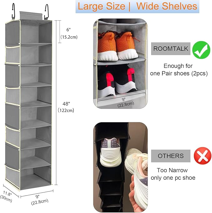 2 Pack Large-Sized Hanging Shoe Organizer 8-Shelf, Hanging Closet Organizer with 8 Side Pockets, Wider Hanging Shelves for Storage Shoes Clothes 9" W × 11.8" D× 48" H, Grey.