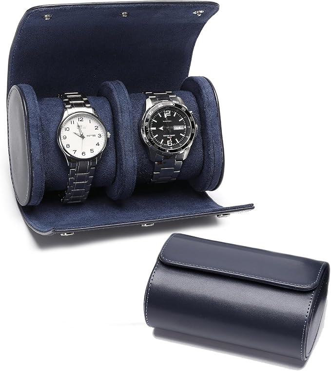 Watch Travel Case, Luxury Leather Watch Roll 2 Slot Organizer Box, Jewelry Storage Case Gifts for Man and Woman Christmas Anniversary Birthday (Blue-2slot)