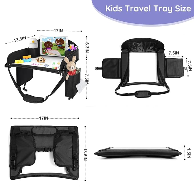 Kids Travel Tray, Kids Travel Trays for Car Seat, Road Trip Essentials for Toddler, Carseat Lap Tray with Dry Erase Board & Storage Organizer for Road Trip Activities for Kid, Black