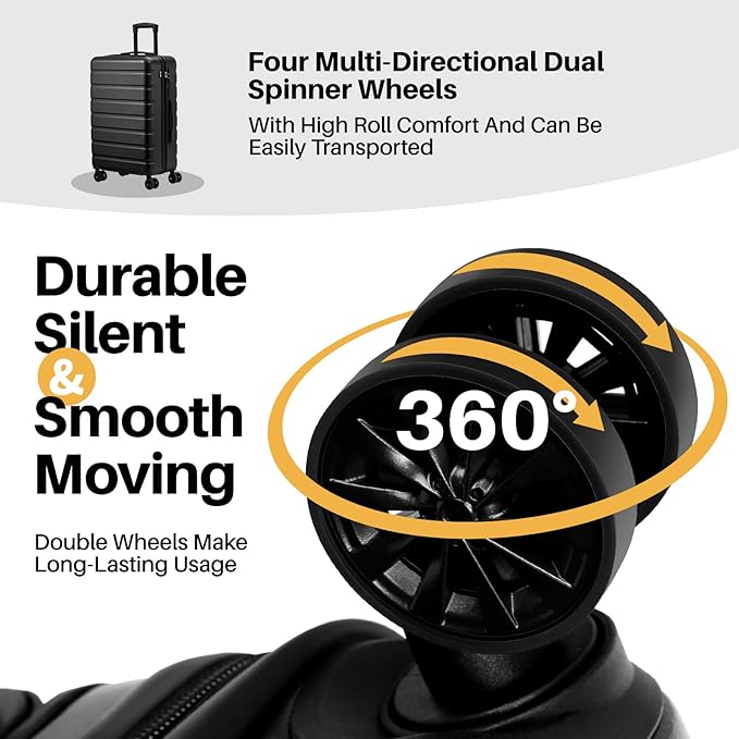 AnyZip Suitcase Hardside PC ABS Lightweight USB Luggage with Wheels TSA Lock Checked-Medium 24 Inch Black