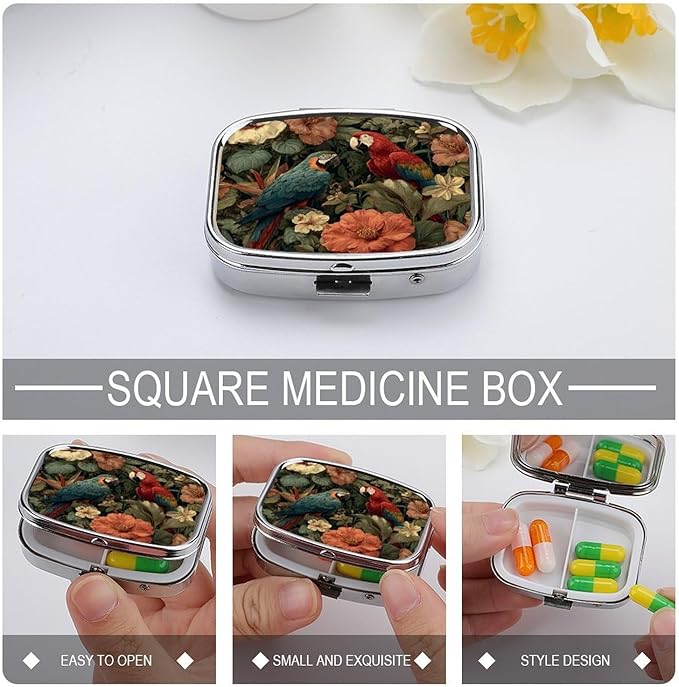 Metal 2 Compartment Pill Organizer Travel Friendly Portable Compact Pill Box Cute Pill Case,for Pocket Wallets Daily Portable Medicine Vitamin Tablet Storage (Parrot)