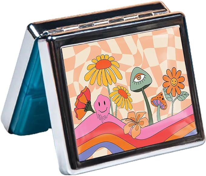 Silver Vintage Pill Box 7 Day Metal Pill Box with Mirror and 8 Compartments Cute Travel Pill Organizer for Purse (Rainbow Flowers)