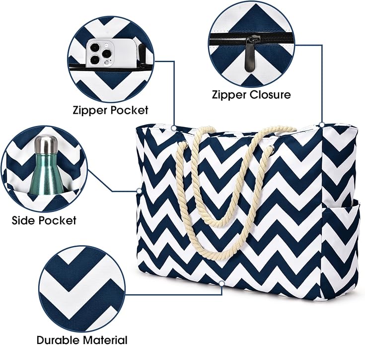 Becokan Beach Bag Large Beach Tote Bag for Women Waterproof Sandproof Swim Pool Bag With Zipper