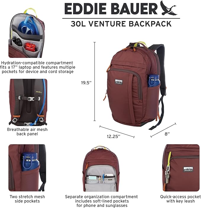 Eddie Bauer 30L Venture Backpack, Hydration and Laptop Compatible Daypack, Dusty Jade