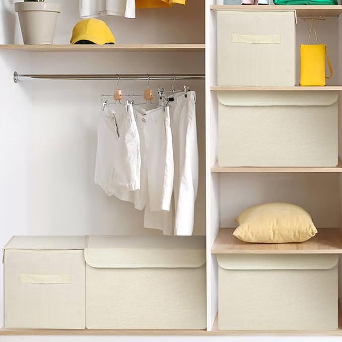 Large 42 Quarts Collapsible Stackable Storage Bins Cube with Lids [3-Pack] Foldable Fabric Linen Storage Boxes, Closet Organizer Baskets with Label for Home (16.7 x 12 x 12, Beige)