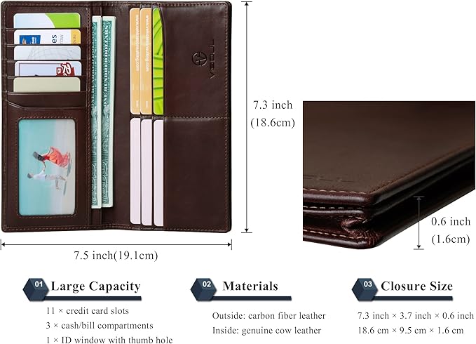VISOUL Mens Leather Long Checkbook Bifold Wallets with RFID Blocking, Breast Pocket Tall Billfold Secretary Wallet for Men with Card Slots (Coffee)