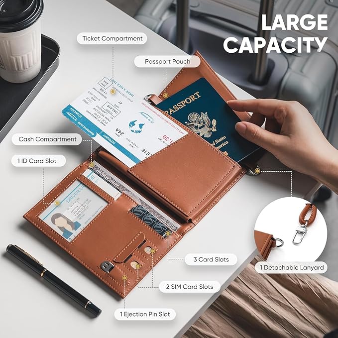 Real Leather Wallet RFID Blocking Passport Holder with Travel Lanyard Document Organizer Brown (Brown)