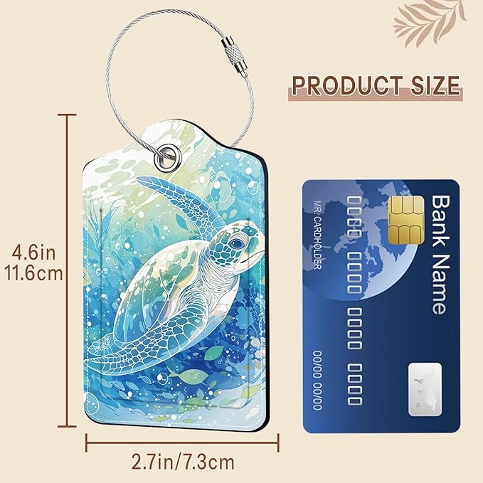 2 Pack Sea Turtle Luggage Tags, Leather Luggage Tags for Suitcases, Privacy Cover ID Label with Stainless Steel Loop & Address Card, Funny Sea Turtle Travel Bag Tag Luggages Accessories for Suitcases
