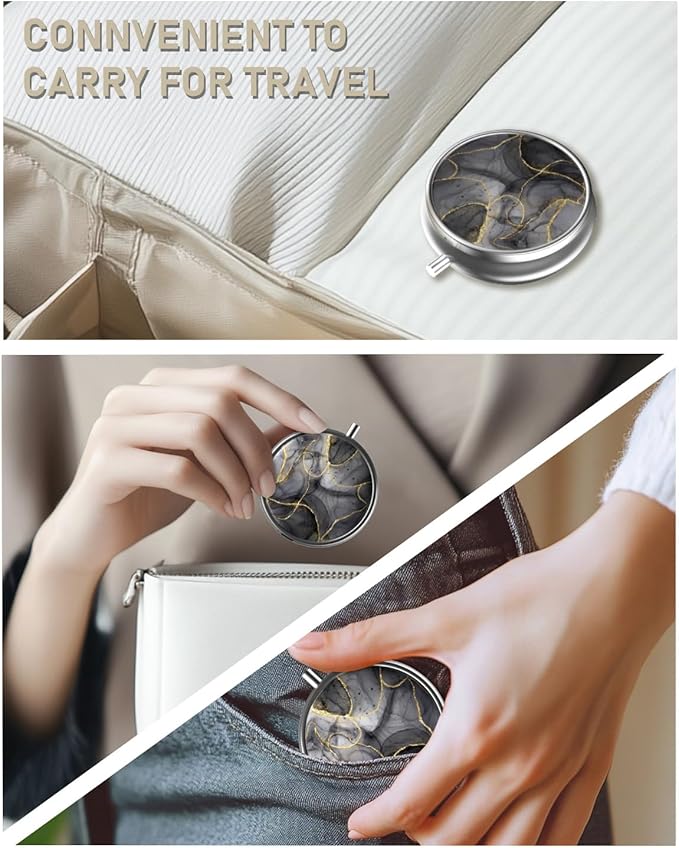 Pill Box, 3 Compartment Portable Travel Medicine Box with Mirror, Compact and Cute, Fits in Purse and Pocket, Medicine and Vitamin Organizer (Black Gold Marble)