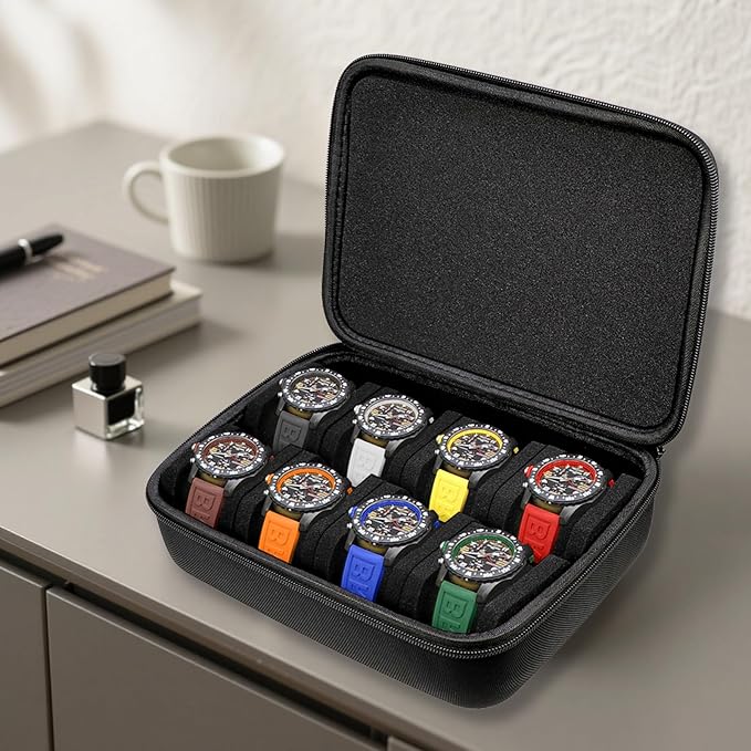 Juntan 8 Slots Hard Watch Travel Case, Portable Nylon Zipper Storage Organizer Box for Men Women with Soft Compressible Foam Pillow Black
