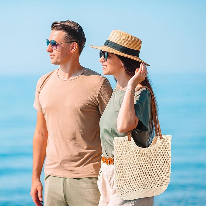Peicees Crochet Beach Bag For Women Summer Tote Bag Boho Shoulder Bag With Leak-Proof Lining for Vacation Travel Woven Purse