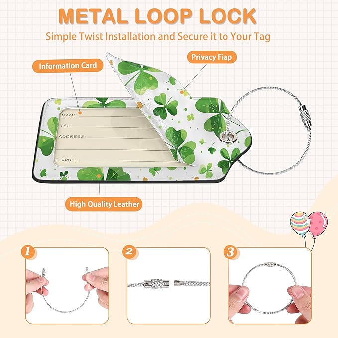 St. Patrick’s Day 3 PCS Luggage Tags, Lucky Clovers Leather Suitcase Tags with Privacy Cover Name Address Labels and Durable Steel Loop for Men/Women Travel Bag Suitcases