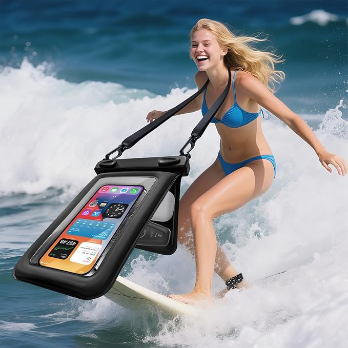 Waterproof Phone Pouch Double Pocket, Floating IPX8 8.5 inch Waterproof Phone Case for Beach Vacation Essentials for Compatible iPhone 16 15 14 Pro Max Galaxy S25 S24 Ultra Phone Pouch Black