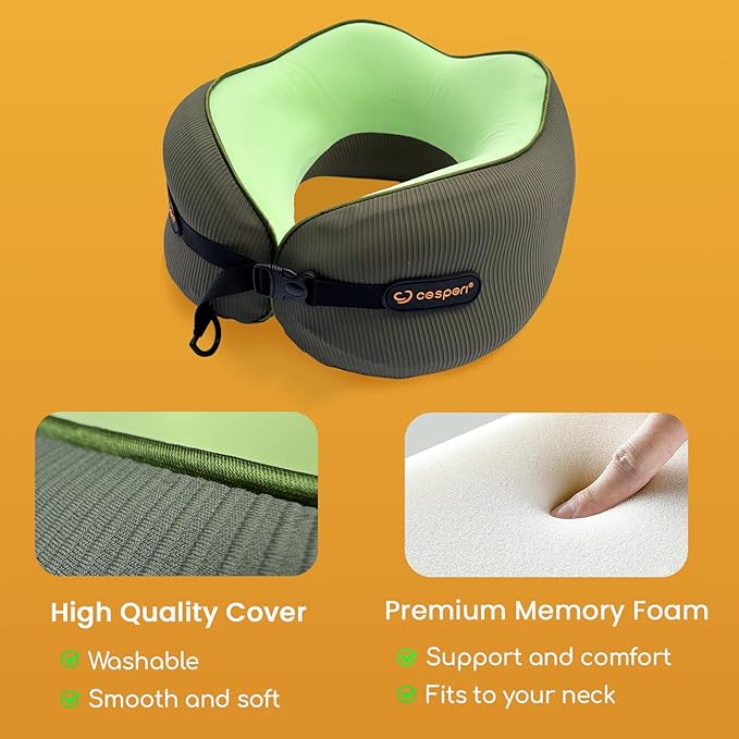 Cesperi® Travel Neck Pillow for Airplanes, Ergonomic Design, Airplane Neck Pillow with Memory Foam, Travel Essentials for Flights, Car Rides, and Home Rest, M Size, 140-210LB (Avocado Green)