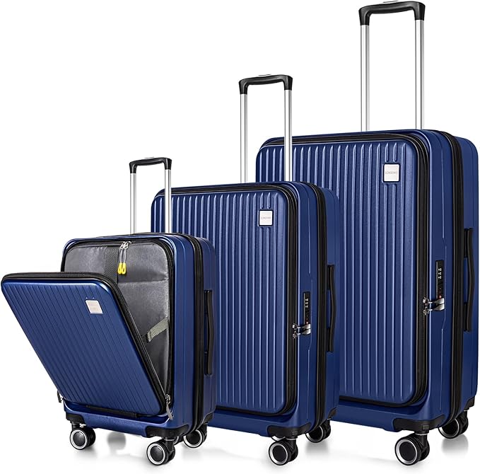 Luggage Sets 3 Piece, ABS Lightweight 20in/24in/28in Luggage, Expandable Carry On Suitcase Set with TSA Lock & Double Wheels, Front Open Hardshell Luggage Sets (Blue)