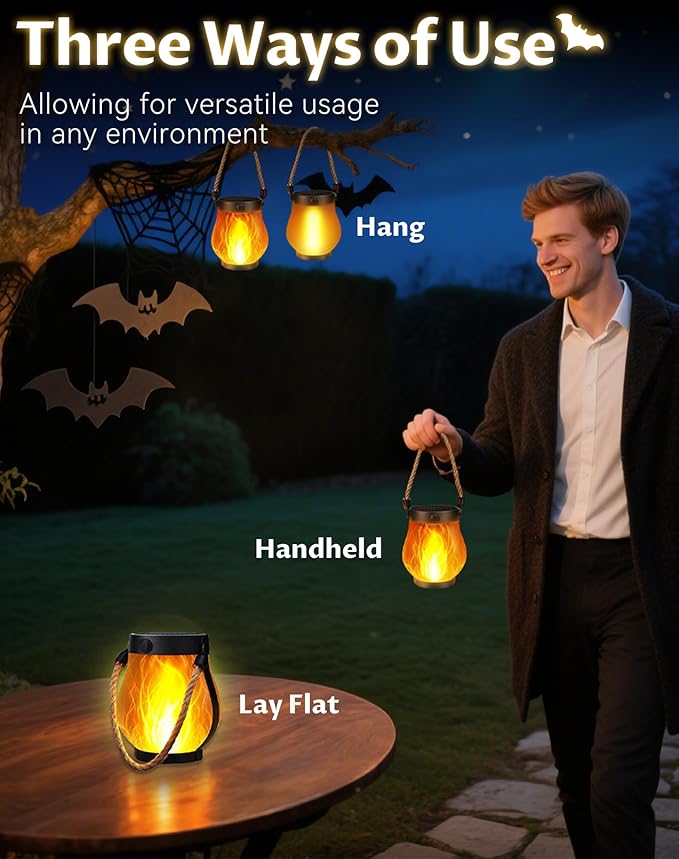 Kaliqo Solar Lantern Outdoor Lights - Official, Waterproof Kaliqo Solar Flame Lights Hangable with Dancing Flame, Hemp Rope Hanging Flame Lanterns,Dual Charging Modes, Smokeless (5pack)