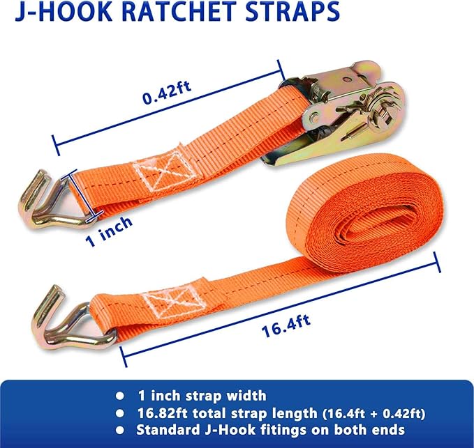 Ratchet Straps (4-Pack), 1 Inch x 16.4 Feet (2200lb Break Strength) with Sturdy Metal Hooks, 1x Work Gloves, Heavy Duty Tie Down Straps for Truck, Cargo Trailer, Motorcycle, Luggage, Moving (Orange)