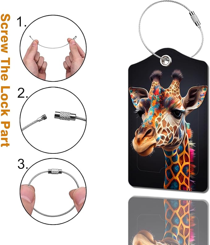 2 Pack Luggage Tag for Suitcase, Cute Unique Leather Bag Tags Identifiers Privacy Cover ID Label with Durable Steel Loop for Women Men Kids Girls Travel，GiraffeB