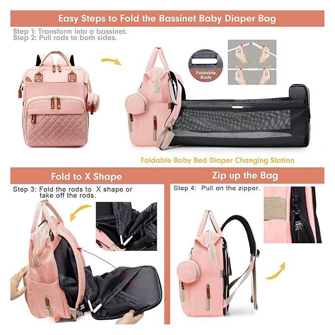 Diaper Bag, Backpack with Changing Station, Waterproof Baby Bag for Boys & Girls, USB Charging Port for Parents, Travel Backpack Baby Essentials & Lovely Baby Shower Gifts, Pink