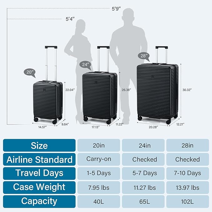 Hard Shell Suitcases Travel Expandable Luggage, 24 Inch Check in Luggage with Spinner Wheels Cup Holder Charger Built in, Checked Medium Suitcase Lightweight Suitcases, Black