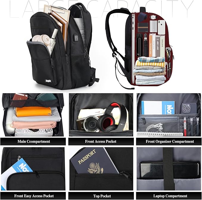 Black Backpack for Men Women, School Backpack for Boys Girls Teens, 15.6 Inch Laptop Backpacks with USB Port, Water Resistent Book bag, Work College Bookbag, back pack, Mochila para hombre
