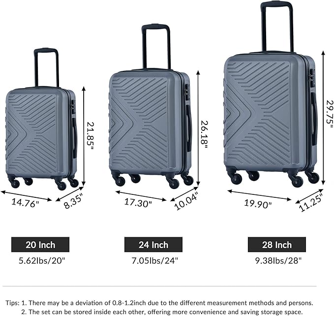 Campfun 3 Piece Luggage Sets, Hardshell ABS Luggage with TSA Lock, Carry On Suitcase Sets Lightweight Durable with 2 Hooks & Spinner Wheels, 20in/24in/28in - Grey(C)