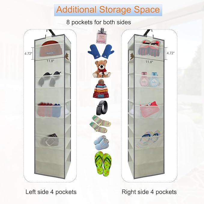 Large-Sized Hanging Shoe Organizer 10-Shelf, Sturdy Hanging Closet Organizer with 8 Side Pockets, Wider Hanging Shelves for Storage Shoes Clothes Jeans Shirts Toys, Beige