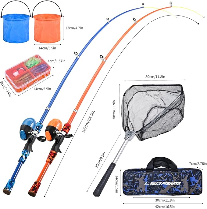 LEOFISHING Portable Kids Fishing Rod Set 2Pack Telescopic Fishing Poles for Boys and Girls Fishing Rod and Reel Combos with Full Kits Fishing Net and Bucket for Toddler Youth
