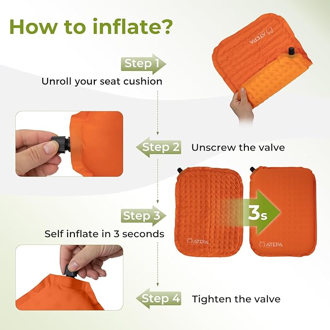 ATEPA Inflatable Stadium Seat Cushion, Self-Inflating Memory Foam Stadium Seats Bleacher Seat Chair Cushion Pad for Airplane Travel Backpacking Sports Events