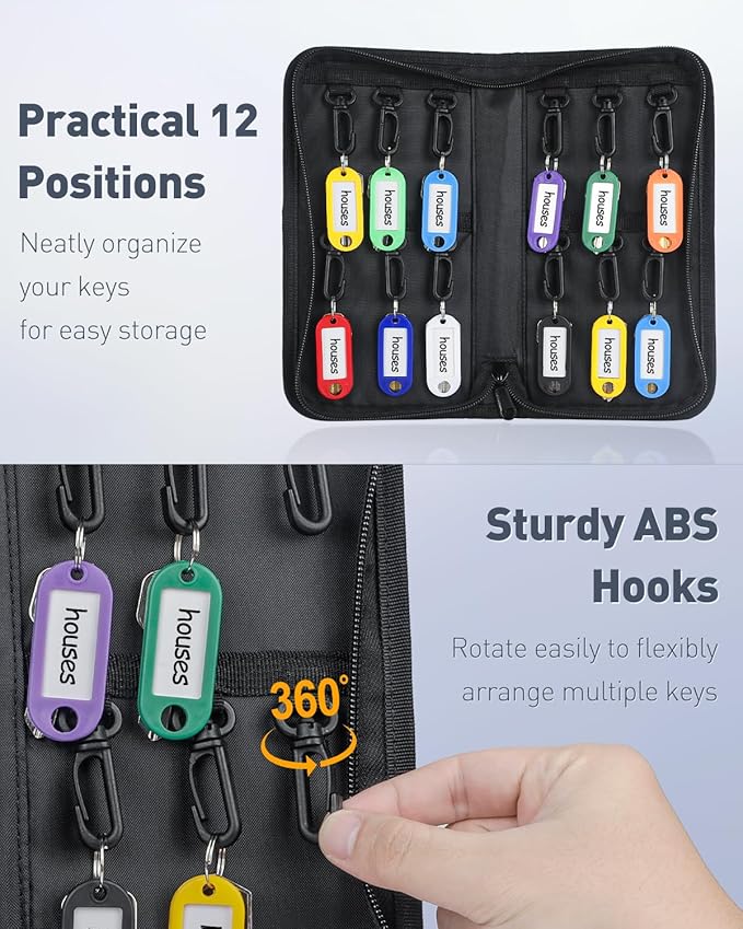 Uniclife Portable Zippered Key Case Waterproof and Fireproof Key Organizer with 12 Colorful Key Tags and Hooks Key Storage Book for Offices Real Estate Agencies Hotels and Rental Management