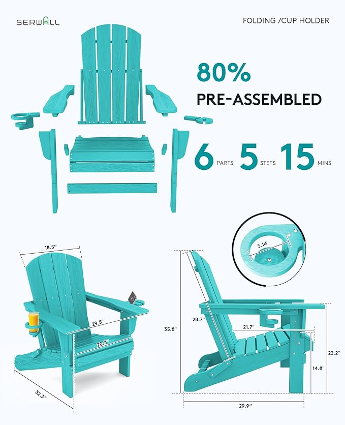 SERWALL Adirondack Chair with Cup Holders - Composite Adirondack Chairs Set of 8 HDPE Outdoor Chairs All Weather Use- Aruba